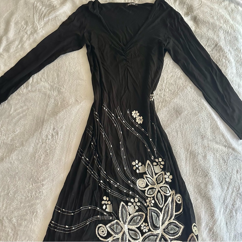 Vintage Y2K Black Asymmetrical Beaded Floral Dress